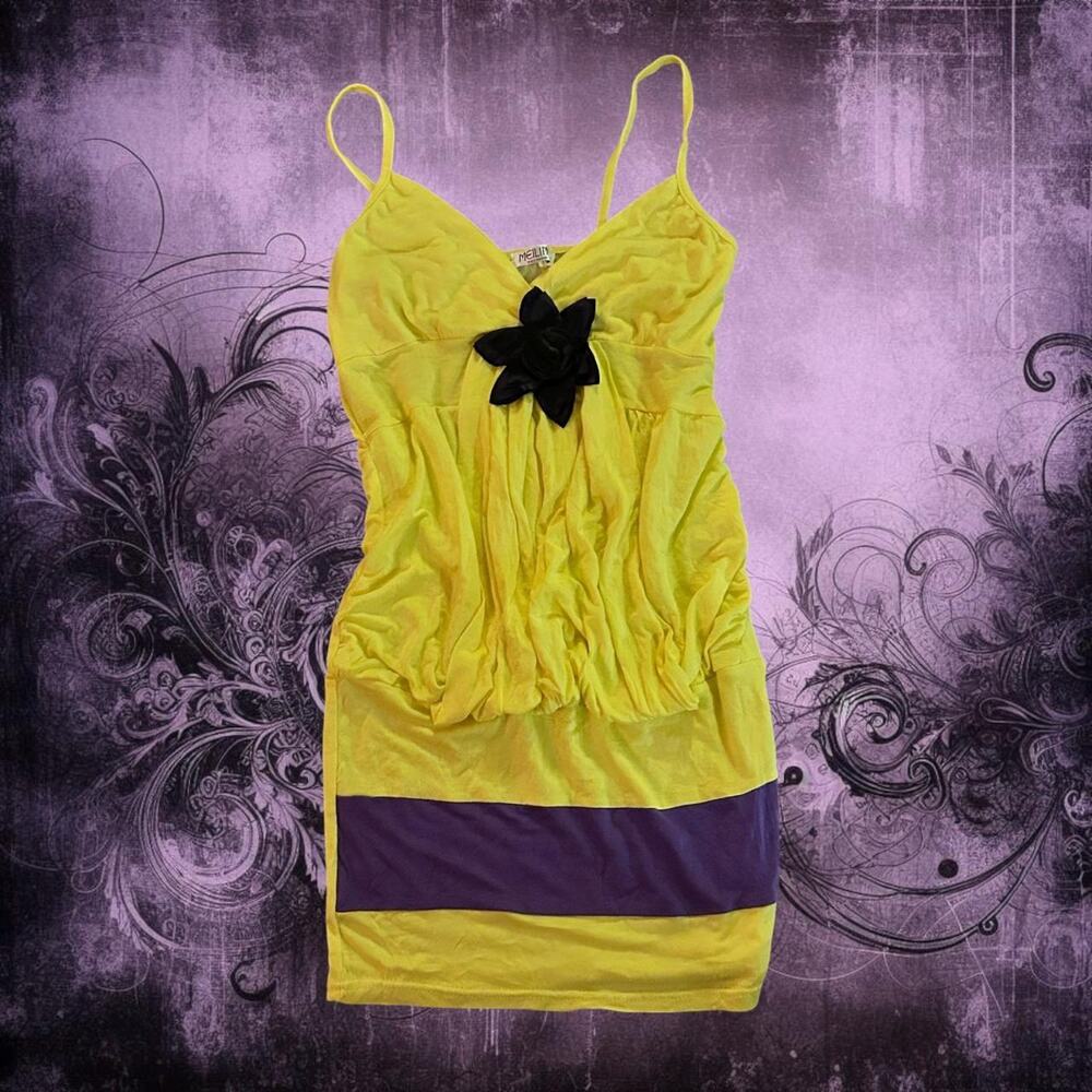 V neck yellow and purple RETRO Y2K ruched mini dress / top